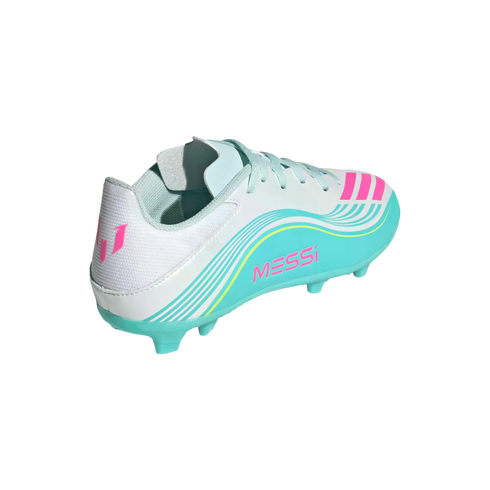 White and turquoise Adidas Messi soccer cleat with pink and yellow accents, featuring "MESSI" text and logo, shown from a side-rear angle on a black background.