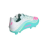 White and turquoise Adidas Messi soccer cleat with pink and yellow accents, featuring "MESSI" text and logo, shown from a side-rear angle on a black background.