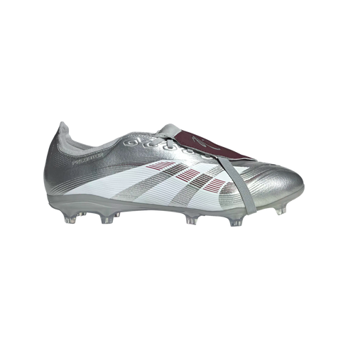 A silver Adidas Predator soccer cleat with maroon and white accents, featuring a fold-over tongue and metallic finish.
