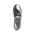 Top-down view of a silver metallic soccer cleat with a maroon fold-over tongue featuring a white script logo.