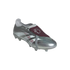 Silver metallic soccer cleat with a maroon fold-over tongue and maroon/white stripes, isolated on a white background.