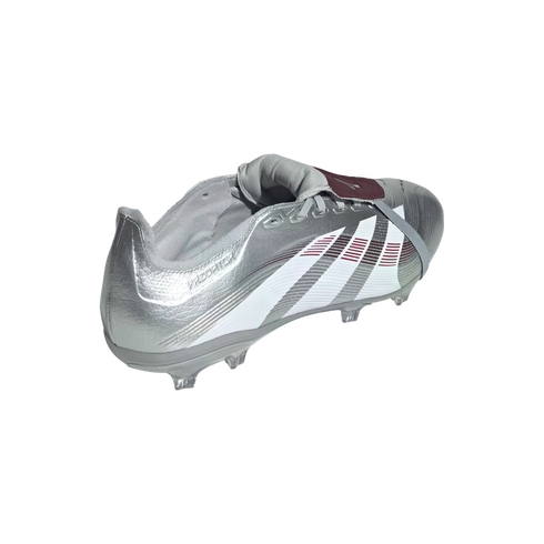 A silver and white adidas Predator soccer cleat with maroon accents, shown from a side-rear angle against a white background.