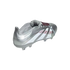 A silver and white adidas Predator soccer cleat with maroon accents, shown from a side-rear angle against a white background.