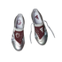 Top-down view of silver and maroon Adidas soccer cleats with metallic silver uppers, maroon fold-over tongues, and white laces against a plain white background.