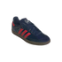 A navy blue Adidas Samba shoe with three red stripes and gum rubber sole, featuring the Arsenal FC crest on the tongue.