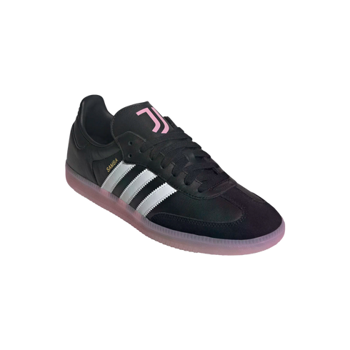 A black Adidas Samba Juventus sneaker featuring silver stripes, a pink tongue logo, and a translucent pink sole against a white background.