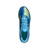 Top-down view of a metallic blue Adidas soccer cleat with neon yellow stripes and light blue laces, featuring "MESSI" printed on the interior heel.