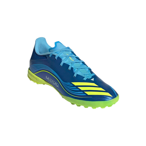 A blue and lime green Adidas Messi soccer shoe with neon accents, displayed from a side angle against a black background.