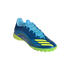 A blue and lime green Adidas Messi soccer shoe with neon accents, displayed from a side angle against a black background.