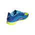 A blue and neon yellow Adidas Messi soccer turf shoe seen from a rear-side angle. It features the "MESSI" name on the side and a studded neon yellow sole.