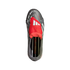 A top-down view of a grey and red Adidas Predator soccer cleat on a solid black background.