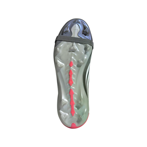 Underside of a silver Adidas soccer cleat with pink studs, a "Power Spine" soleplate, and a grey elastic strap on a black background.
