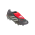 Grey Adidas Predator soccer cleat featuring silver stripes, a red fold-over tongue with a white logo, and a black elastic strap under the sole.