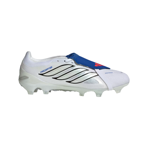A side profile of a white Adidas Predator soccer cleat with silver metallic stripes and a blue tongue cover, displayed against a black background.
