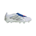 A side profile of a white Adidas Predator soccer cleat with silver metallic stripes and a blue tongue cover, displayed against a black background.
