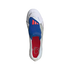 Top-down view of a white athletic shoe with a blue lace shroud featuring three orange stripes and a red insole with script, set against a black background.