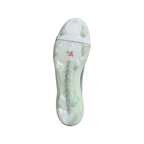 Bottom view of a translucent white Adidas soccer cleat soleplate featuring a red logo, white forefoot strap, and visible "POWERSPINE" technology along the center.