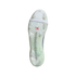 Bottom view of a translucent white Adidas soccer cleat soleplate featuring a red logo, white forefoot strap, and visible "POWERSPINE" technology along the center.