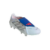 A white Adidas Predator soccer cleat featuring three black stripes and a blue fold-over tongue with a red logo.