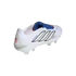White Adidas Predator soccer cleat with black stripes and a blue fold-over tongue, featuring a David Beckham logo on the heel, isolated on a black background.