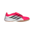 A pink and white Adidas Predator indoor soccer shoe featuring three black stripes, a fold-over tongue, and a tan gum rubber sole.