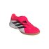A bright pink and white Adidas Predator indoor soccer shoe with black stripes, a fold-over tongue, and a gum rubber sole.