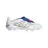 White Adidas Predator soccer cleat with black stripes and a blue fold-over tongue on a black background.