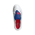 Top-down view of a white Adidas Predator soccer cleat featuring a blue lace cover with red stripes and a red insole, isolated on a black background.