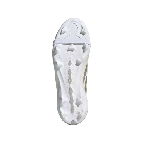 Underside view of an Adidas soccer cleat's white soleplate, showing molded studs and a central PowerSpine feature.