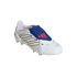 White Adidas Predator soccer cleat with black stripes and a blue fold-over tongue featuring a red logo, held by a white elastic strap, isolated on a black background.