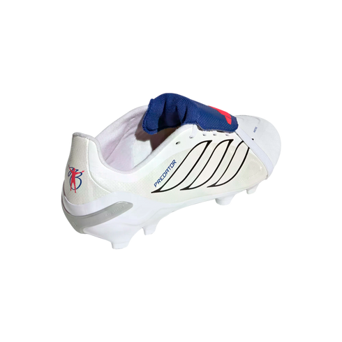 A white Adidas Predator soccer cleat with a blue fold-over tongue and black stripes, shown from the side on a black background.