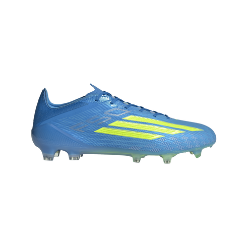 A profile view of a bright blue Adidas soccer cleat with three yellow diagonal stripes and translucent studs, set against a solid black background.