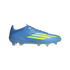 A profile view of a bright blue Adidas soccer cleat with three yellow diagonal stripes and translucent studs, set against a solid black background.