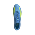 A top-down view of a bright blue Adidas soccer cleat with neon yellow accents and blue laces, centered against a solid black background.