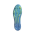 A top-down view of the blue and lime green soleplate of an F50 soccer cleat, featuring various stud shapes for traction, against a black background.