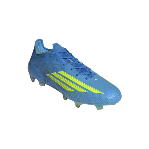 A side-profile view of a blue Adidas F50 soccer cleat with neon yellow stripes, shown against a solid black background.