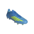 A side-profile view of a blue Adidas F50 soccer cleat with neon yellow stripes, shown against a solid black background.