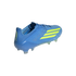 A bright blue soccer cleat with neon yellow accents, including three slanted stripes on the side and "F50" on the heel, shown against a solid black background.