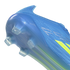 A close-up shot of the heel and translucent blue soleplate of a bright blue soccer cleat against a solid black background. The semi-transparent soleplate features clear integrated studs and embossed "SPEEDFRAME 360" text, with partial yellow accents visib