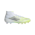 White and neon yellow Adidas soccer cleat with silver metallic stripes, shown from a profile view against a black background.