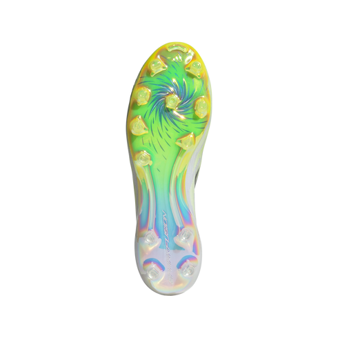 Underside of an Adidas soccer cleat with an iridescent green and yellow soleplate, clear studs, and a central spiral pattern against a black background.