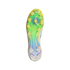 Underside of an Adidas soccer cleat with an iridescent green and yellow soleplate, clear studs, and a central spiral pattern against a black background.