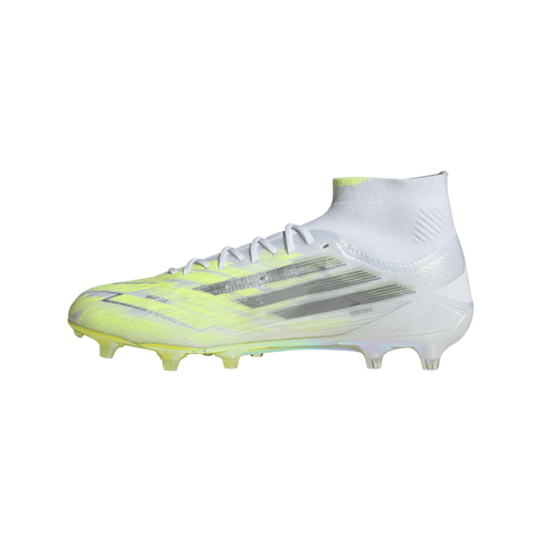 A white and lime green Adidas soccer cleat with silver stripes and a mid-cut collar, shown from the side on a solid black background.