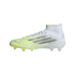 A white and lime green Adidas soccer cleat with silver stripes and a mid-cut collar, shown from the side on a solid black background.