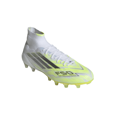 A white and neon yellow adidas F50 Sparkfusion soccer cleat with a high-top collar and grey stripes, isolated on a black background.