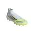 A white and neon yellow adidas F50 Sparkfusion soccer cleat with a high-top collar and grey stripes, isolated on a black background.