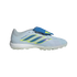 A side profile of a light blue Adidas Predator turf soccer shoe on a black background. The shoe features three iridescent blue and purple stripes with neon yellow outlines along the side. It has a royal blue fold-over tongue, a white midsole, and a transl
