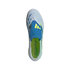 A top-down view of a light grey Adidas Predator soccer cleat with blue and neon yellow accents against a black background. The shoe features a blue textured tongue flap with three yellow stripes and a neon yellow insole with black text.