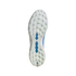 A bottom-up view of the white and light blue outsole of an Adidas Predator soccer shoe, featuring multi-directional studs against a black background.