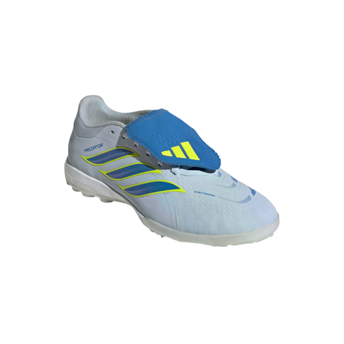 A light blue and white Adidas Predator soccer shoe with neon yellow accents and a blue fold-over tongue, shown in a 3/4 side view against a black background.